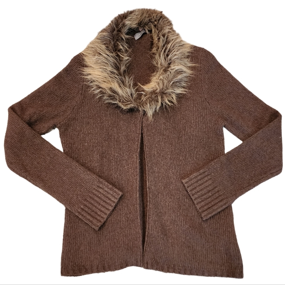 JACQUI-E Lambswool Angora Blend Brown Knit Sweater Cardigan Faux Fur Collar 12
